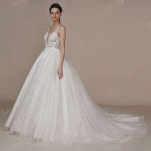 Sexy Backless Scoop Lace Wedding Dresses For Bride France Court Train Glitter Skirt A e Sleeveless Women Bridal Gown