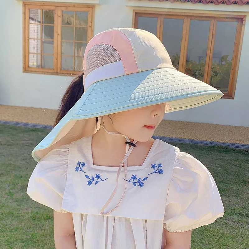 Summer baby sun hat with neck flaps UV protection strap wide brown beach hat childrens bucket hat boys and girls outdoorW240715