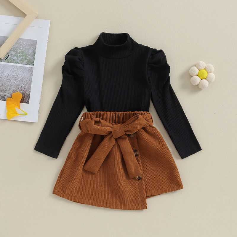 Clothing Sets 2023-09-17 Lioraitiin 1-6Y Kids Girls Skirt Set Long Sleeve Turtleneck T-shirt with Irregular Skirt and Belt Fall Outfit