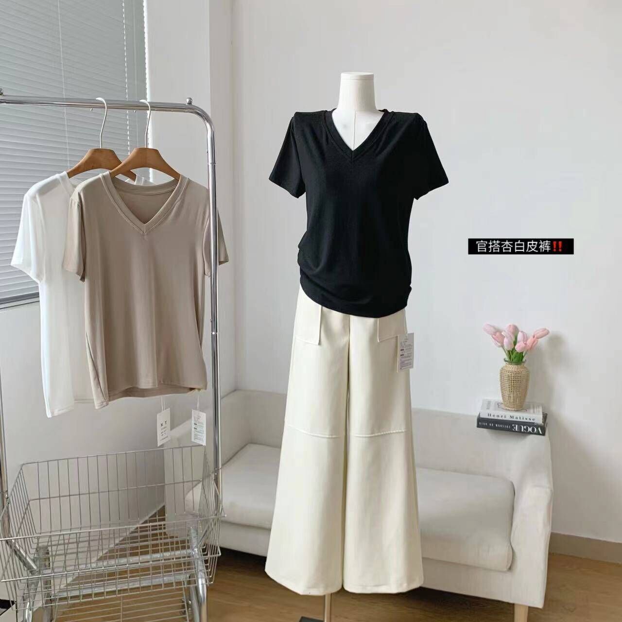 Good morning Fan V-neck soft sticky cashmere like texture slim fit/loose fit T-shirt women, versatile for spring and summer, basic short sleeved
