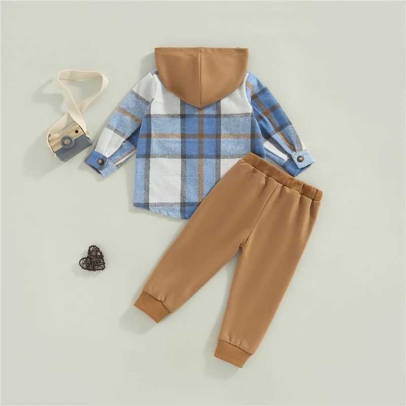Clothing Sets Boys Autumn Clothes Set Plaid Print Long Sleeve Button Hood Shirt Jacktes + Solid Color Casual Trousers Kid Clothing Fall Outfit