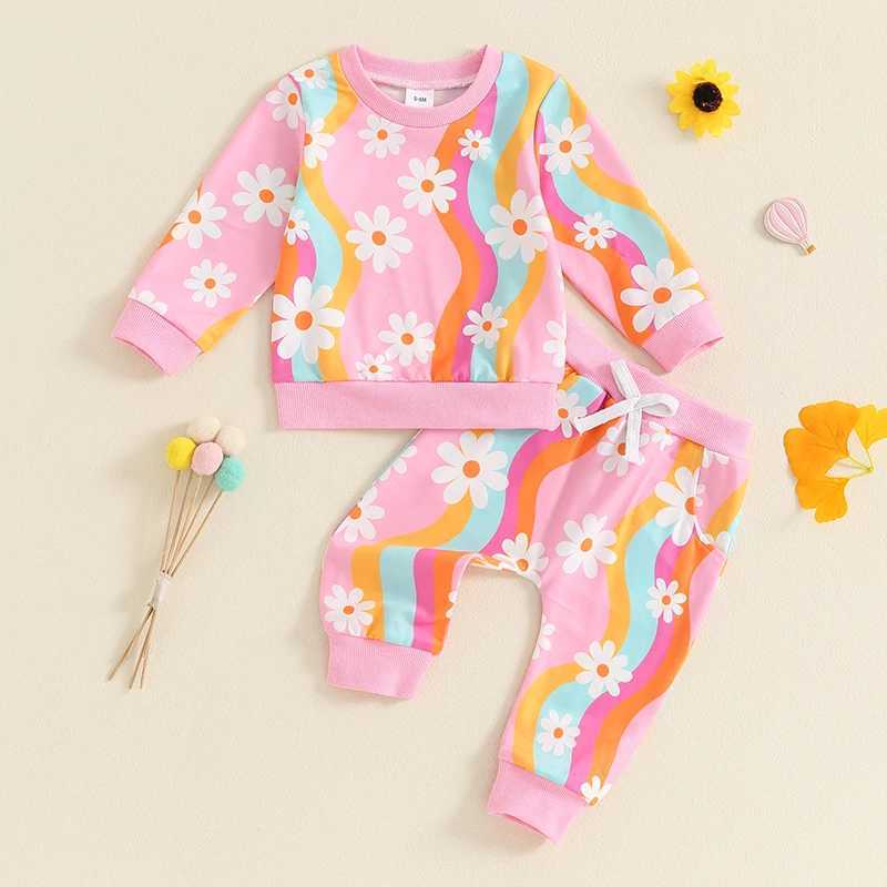 Clothing Sets 2024-05-17 Lioraitiin Toddler Girls Fall Outfits Striped Daisy Print Long Sleeve Sweatshirt and Elastic Pants Baby Cute Clothes