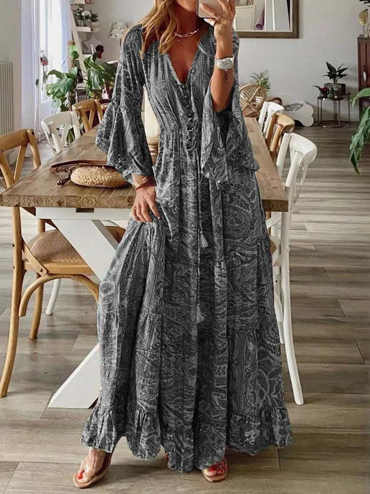 Women Bohemian Beach Maxi Dress Spring Summer Casual V-Neck Long Sleeve Dresses Female Vintage Floral Print Long Dress Vestidos 240710