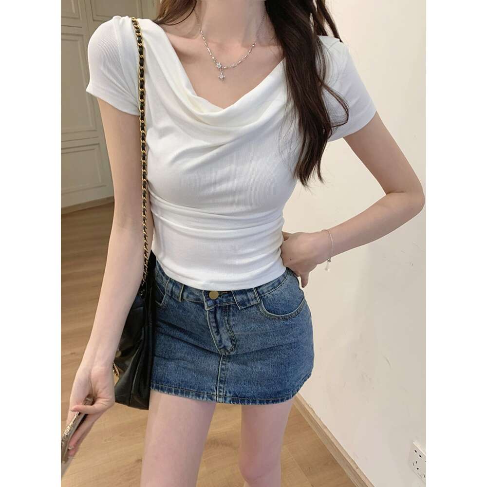 * 2 modal 260g short sleeved t-shirt thin 2024 summer irregular saliva collar solid color women's top
