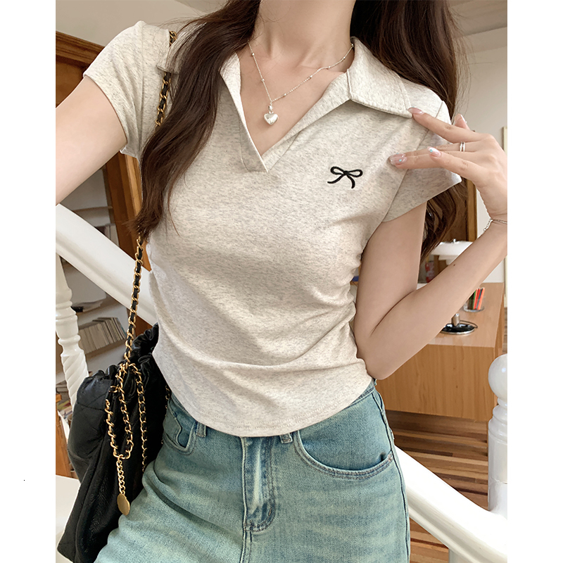 Bow Embroidered Pure Cotton T-shirt for Women Summer POLO Collar, Slim Fit, Wrinkled Irregular Western Style Top