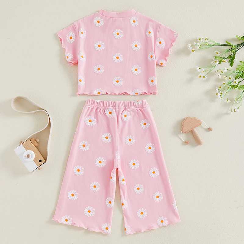 Clothing Sets 2024-06-01 Lioraitiin Little Girl Summer Outfit Daisy Print Short Sleeve Round Neck T-Shirt with Elastic Waist Loose Pants Set