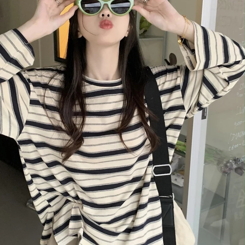 Spring Autumn Women Harajuku Striped T Shirt Long Sleeve ONeck TShirts Korean Casual Oversized Femme Pullover Tops 240712