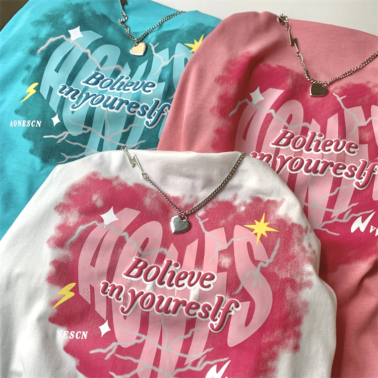 2024 Tiktok Shoulder Drop Loose 200g Combed Cotton Back Bound Short Sleeve T-shirt Printed