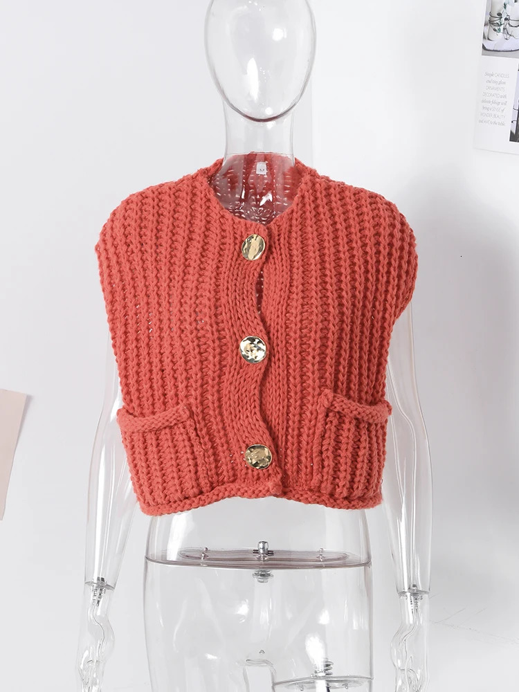 Red Knit Cardigan For Women Spring Sleeveless Oneck Casual Female Sweater Fashion Loose Pocket Single Breasted Lady Top 240712