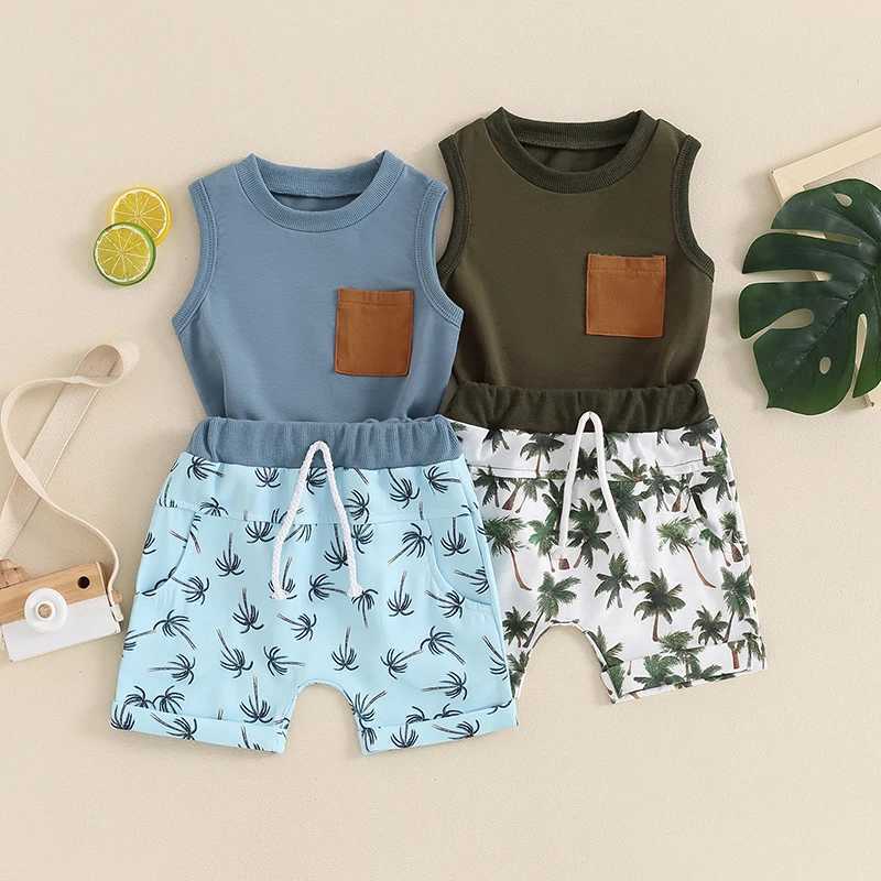Clothing Sets 2024-04-03 Lioraitiin Toddler Baby Boys Summer Shorts Sets Sleeveless Tank Tops and Tropical Tree Print Shorts Sets