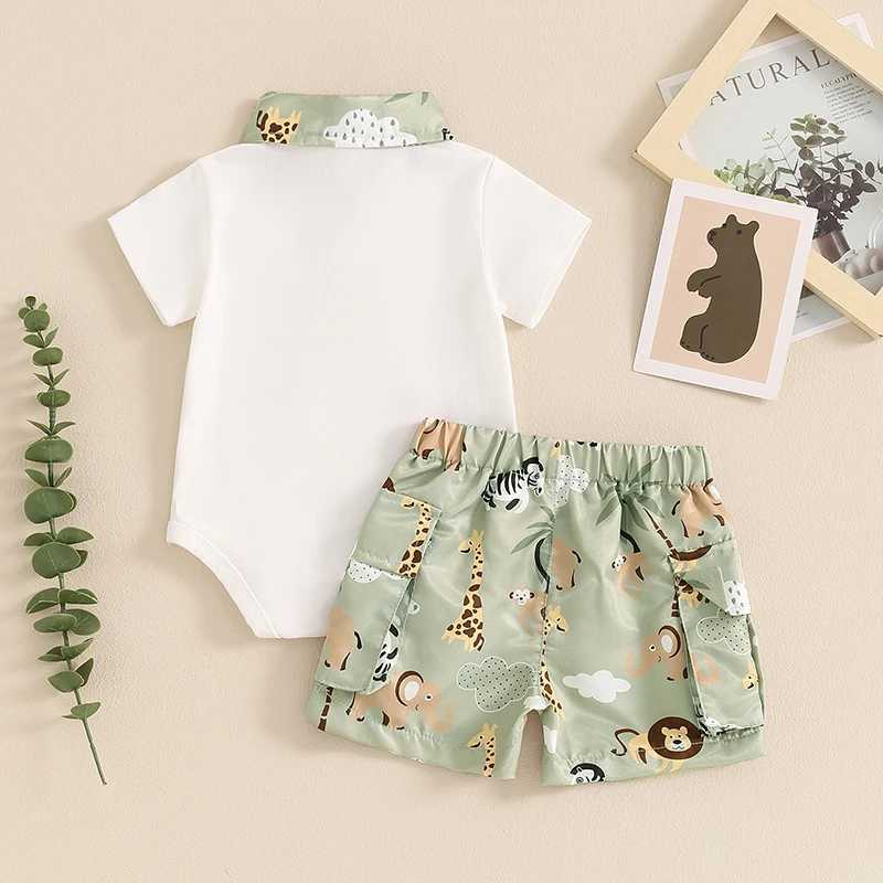 Clothing Sets Baby Boy 2 Piece Summer Set Animal Print Lapel Neck Short Sleeve Romper Elastic Waist Cargo Shorts Infant Toddler Clothes Set