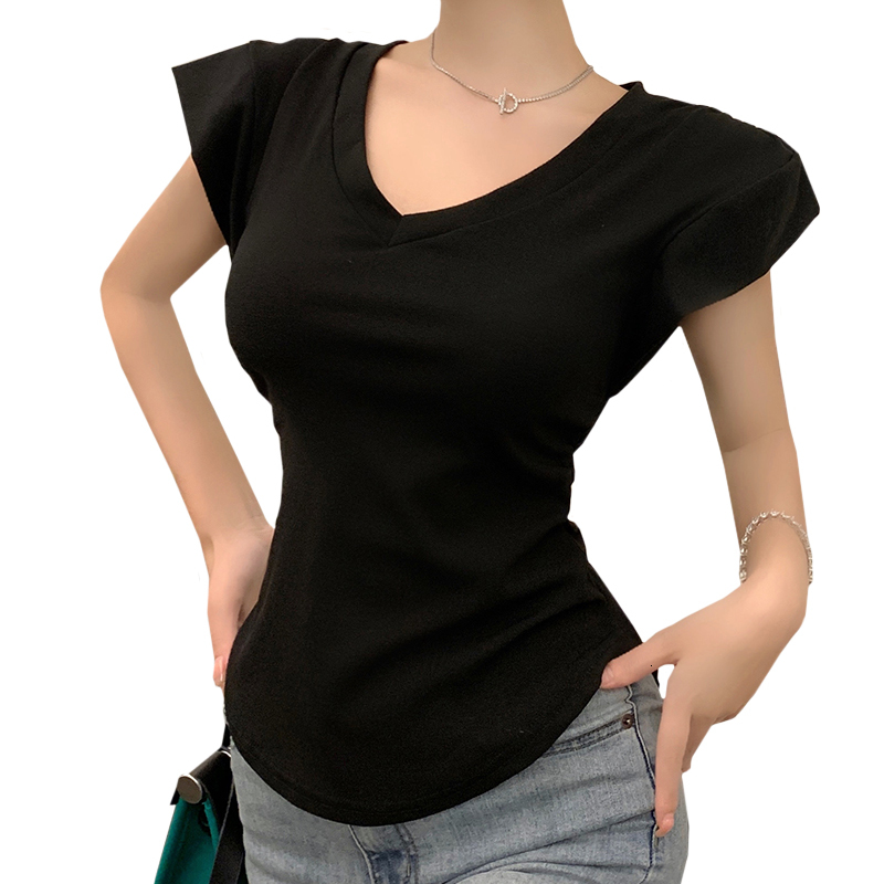 2024 V-neck T-shirt for women, irregular sleeveless vest, mid to long length, slim fit and slimming, spicy girl short sleeved top