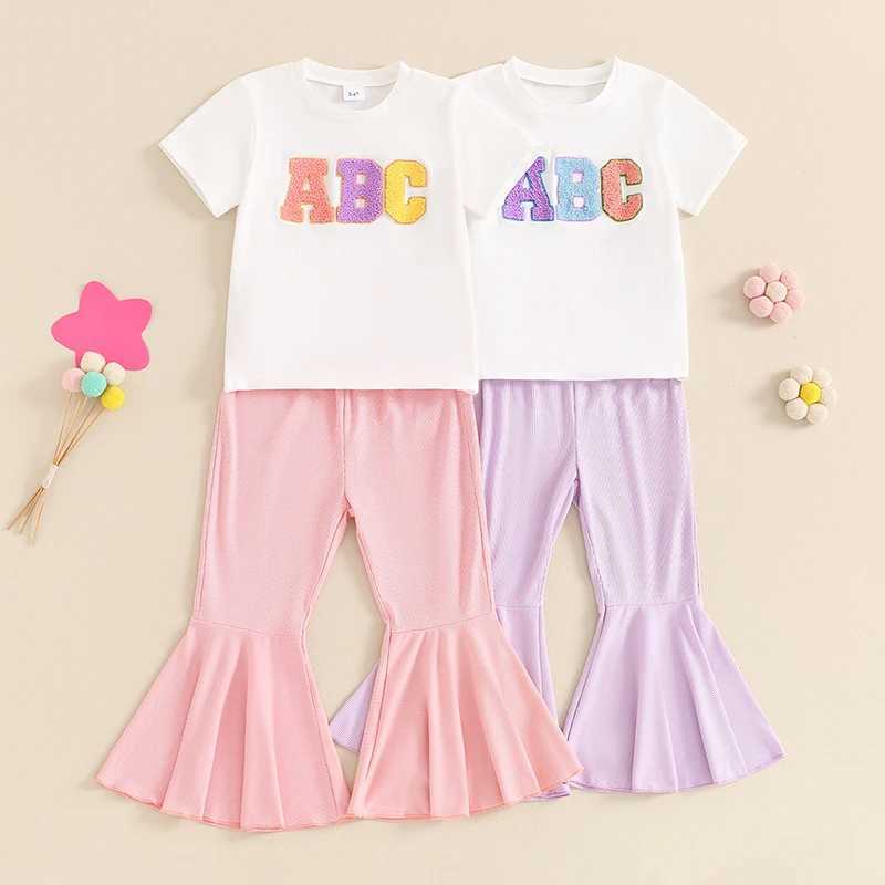 Clothing Sets 2024-04-03 Lioraitiin 3-6Y Toddler Baby Girl 2Pcs Summer Outfits Short Sleeve Letter Embroidery Tops + Flare Pants Set Clothes