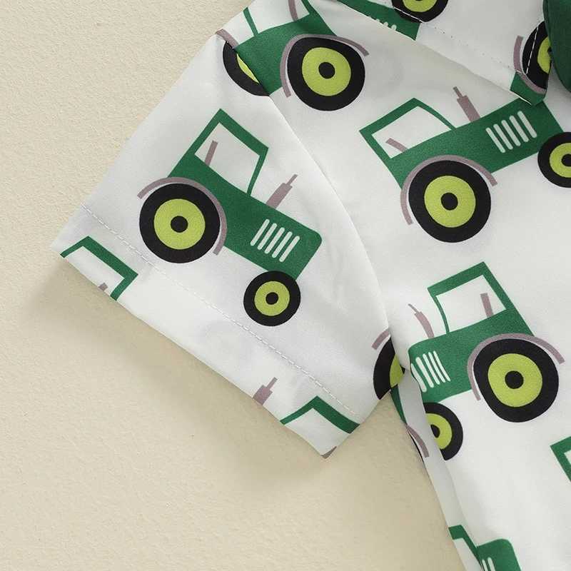 Clothing Sets 2024-05-09 Lioraitiin Little Boys Farm Outfits Tractor Print Short Sleeve Lapel Button Down Shirt with Solid Color Shorts Sets