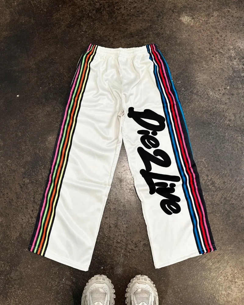 High Street Fashion Colorful Striped Letter Print Oversized Casual Pants Men Y2k Harajuku Retro Gothic Rock Straight Pant 240713