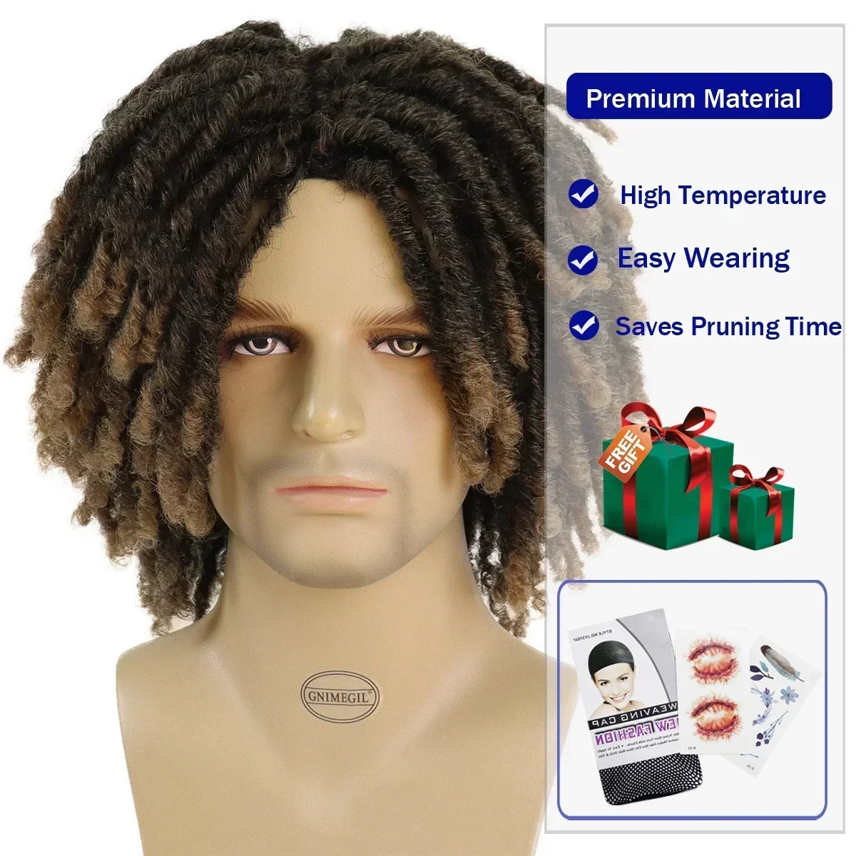 GNIMEGIL Synthetic Braid Wigs 14 Inches Short Wig for Men Afro Bob Ombre Brown Crochet Twist Hair Dreadlocks Wig Natural Rasta 240705