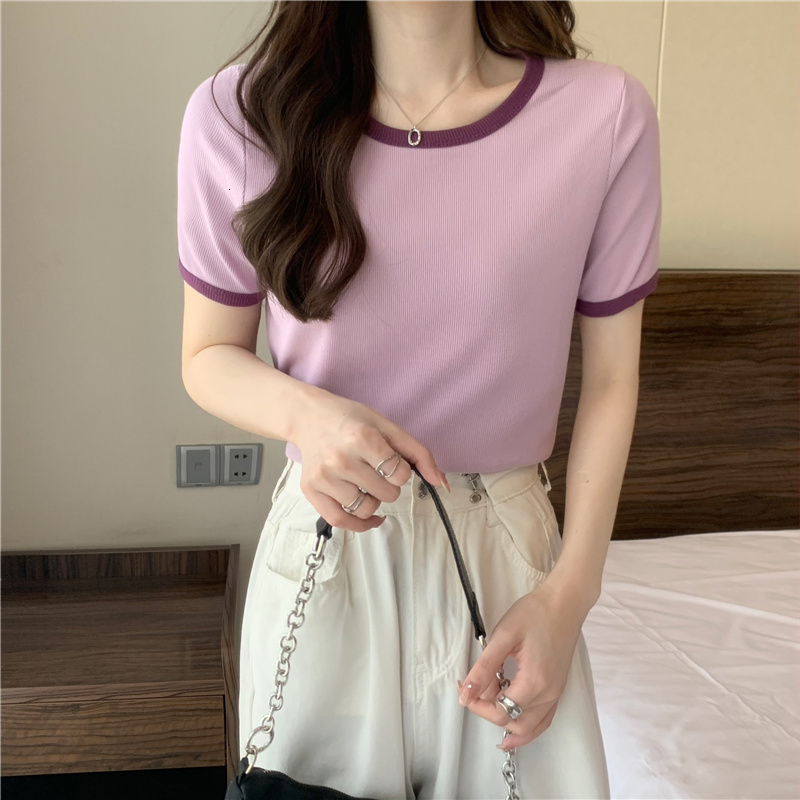 Summer new contrasting high waisted short sleeved T-shirt for women