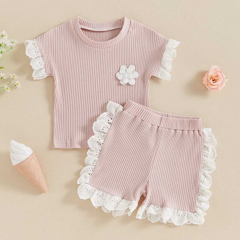 Clothing Sets 2024-04-23 Lioraitiin Kids Girls Shorts Set Short Sleeve Crew Neck Flower T-shirt with Shorts Patchwork Summer Outfit