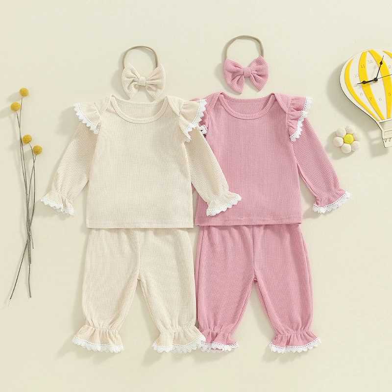 Clothing Sets 2024-05-29 Lioraitiin 0-3Y Toddler Girls Waffle Set Lace Trim Long Sleeve Ruffled Tops Elastic Waist Long Pants Hairband Outfits