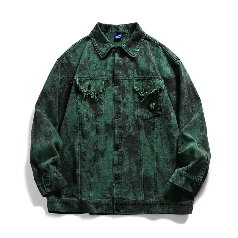 Men Tie-Dye Denim Jacket College Harajuku Casual Green Coat American Hip Hop Trend Lapel Loose Outwear Autumn Unisex Streetwear 240712