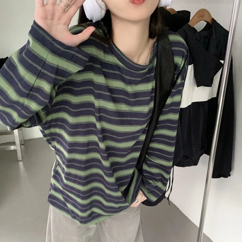 Spring Autumn Women Harajuku Striped T Shirt Long Sleeve ONeck TShirts Korean Casual Oversized Femme Pullover Tops 240712