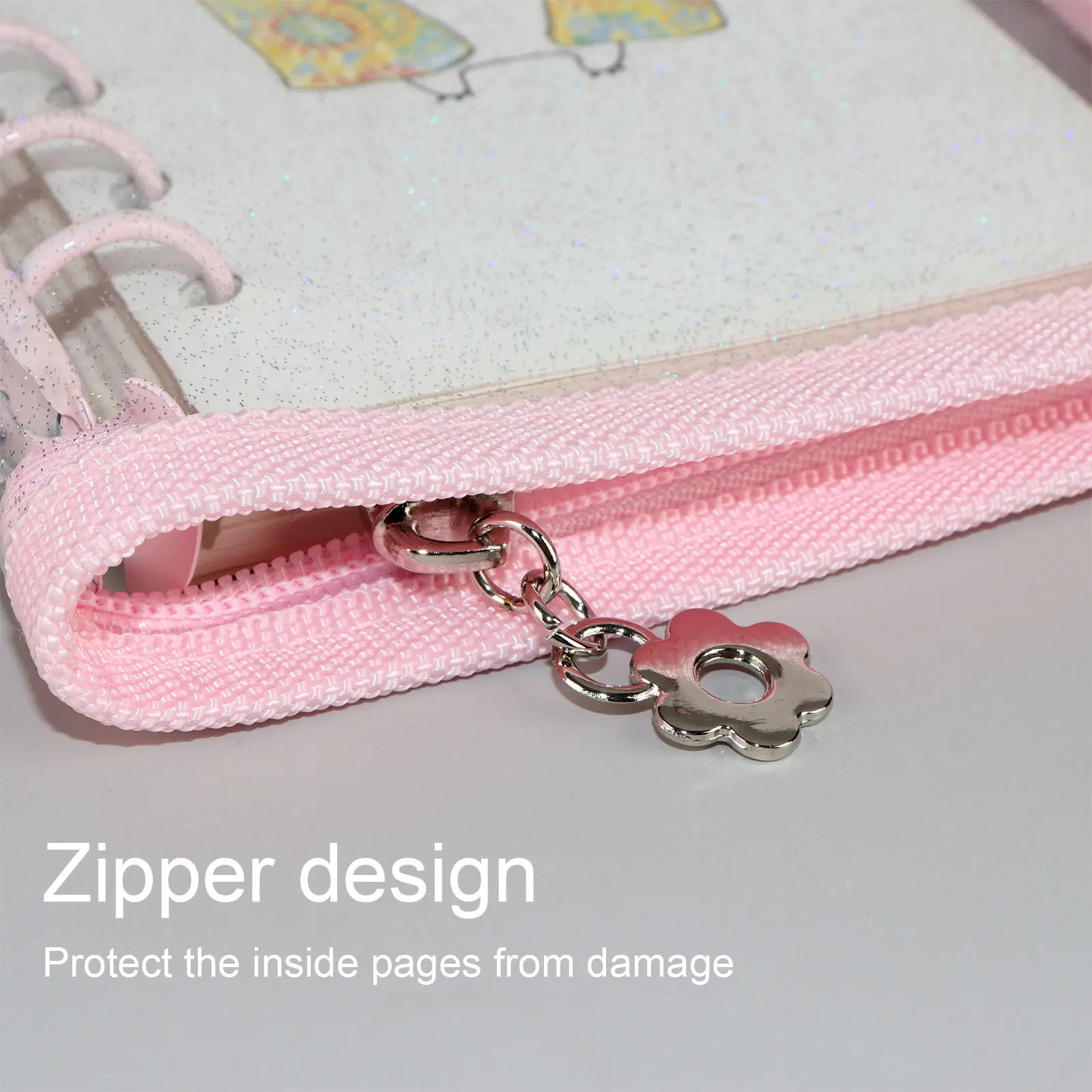 6 Ring A6 Glitter Binder Notebook Agenda Book Protector Macaron Zipper Office Home School Stationery 240712