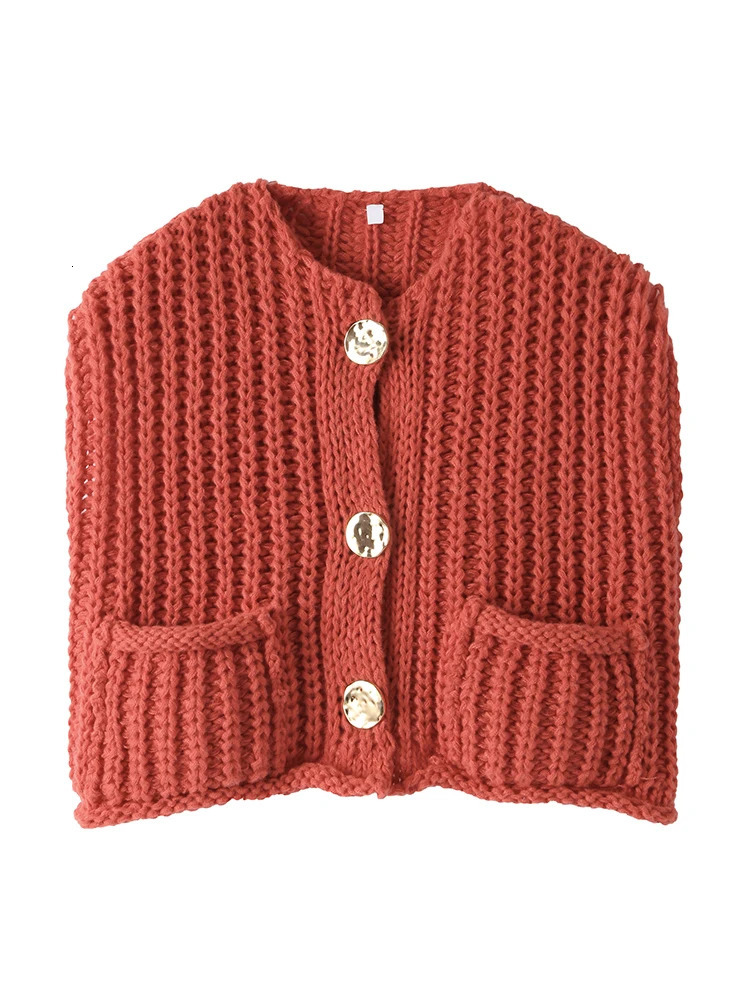 Red Knit Cardigan For Women Spring Sleeveless Oneck Casual Female Sweater Fashion Loose Pocket Single Breasted Lady Top 240712