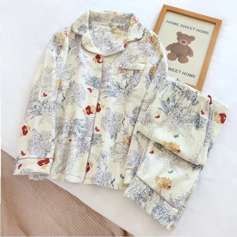 100% Cotton Gauze Women Pajamas Sleepwear Female 2 Piece Set Ink Painting Printing Nightwear Pyjamas Home Clothes Loungewear 240713