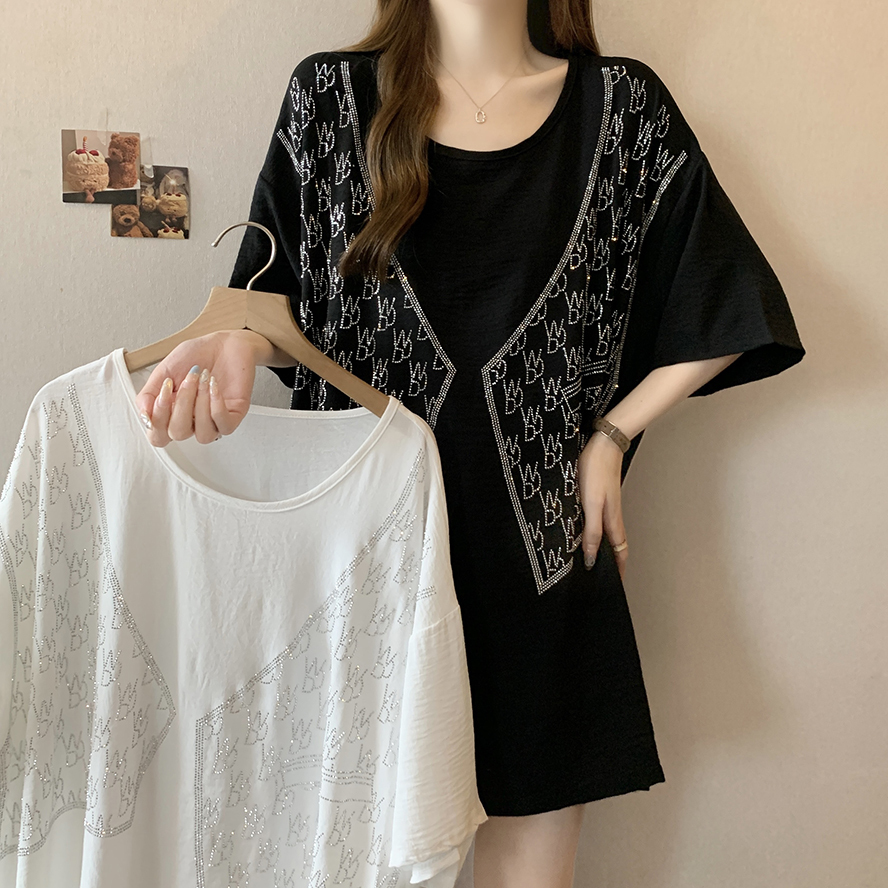 2024 Summer New Round Neck Hot Diamond Dropped Shoulder Sleeves Versatile T-shirt Women's Large Loose Casual Hoodie Top