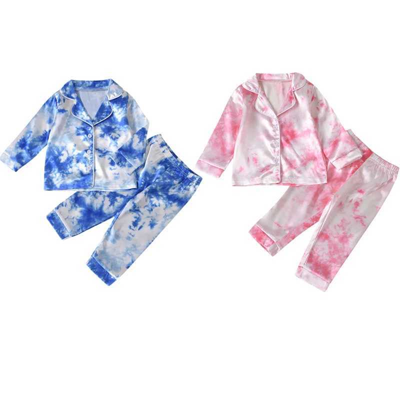Clothing Sets 2020 New Fashion 1-7Years 2Pcs Kids Boy Girl Pajama Set Tie-Dyed Lapel Long-Sleeves Top with Button Open + Elastic Loose Pants