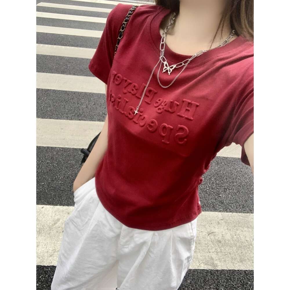 40 count pure cotton 2024 summer clothing foam letter short sleeved T-shirt for women with waist cinching, niche