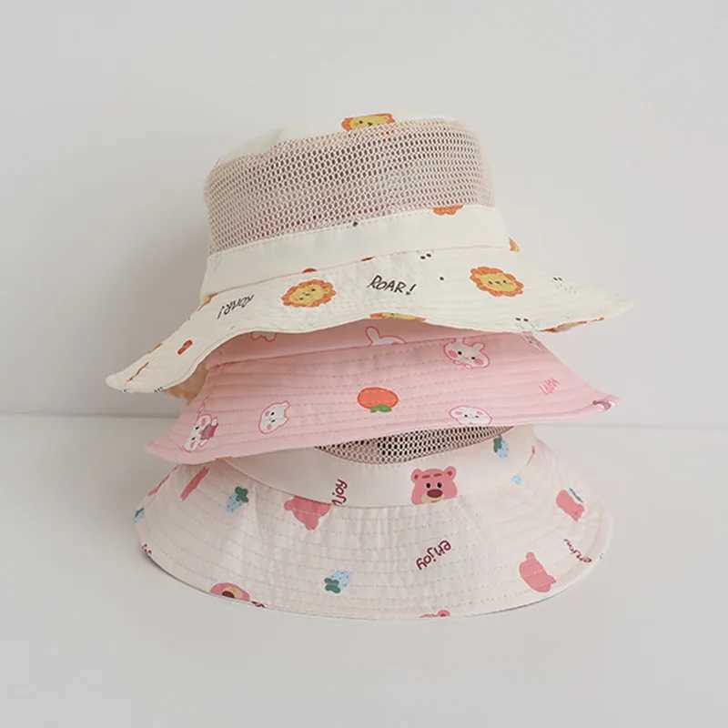 Childrens Summer Hat Cartoon Printing Mesh Bucket Hat Girls Beach Boys UV Protection Accessories Childrens Project 3-8 YearsW240715