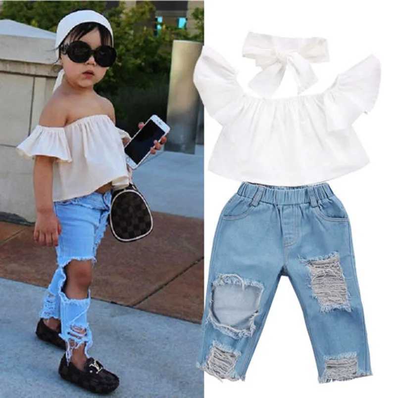 Clothing Sets US Stock Fashion Toddler Girls Kids 2-6 Years Clothes Set Off Shoulder Tops Denim Pants Jeans Outfits Set Clothes 1-6Y