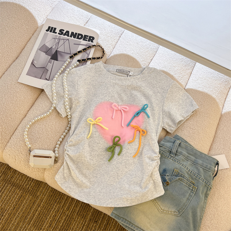 92 cotton/8 spandex 40 count 210g pure cotton color rope bow short sleeved T-shirt for women