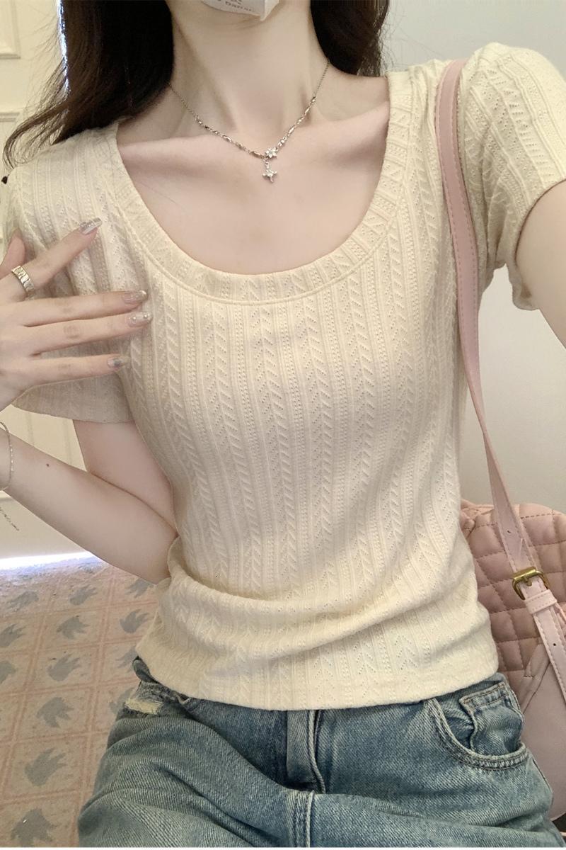 U-neck shoulder sleeved T-shirt 2024 summer new versatile slim fit t-shirt slimming short top trend