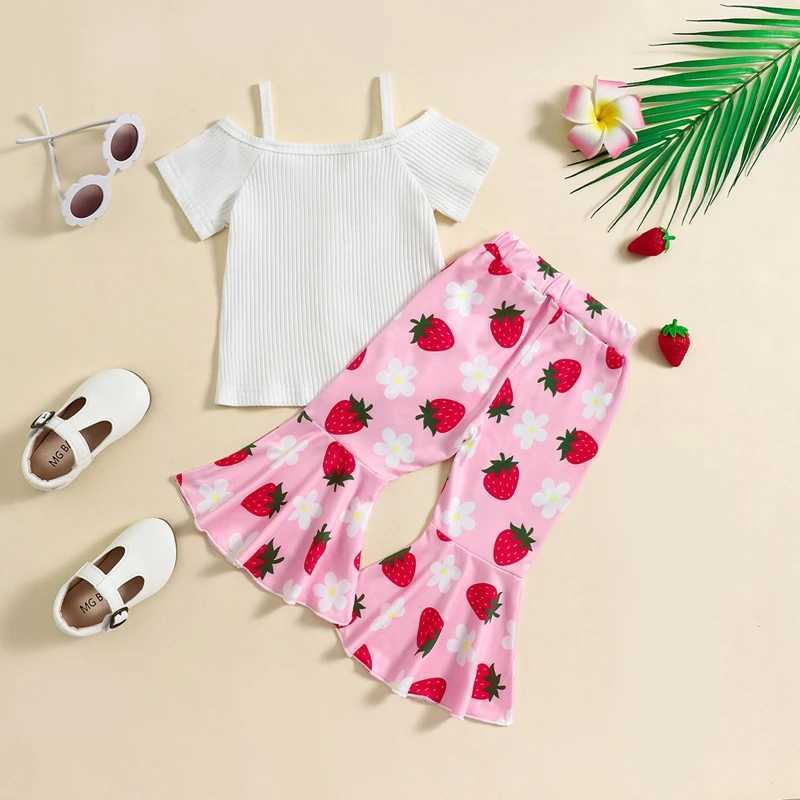 Clothing Sets 2024-04-15 Lioraitiin Kids Girls Summer Outfits Cold Shoulder Short Sleeves Button T-Shirt and Elastic Waist Floral Flare Pants