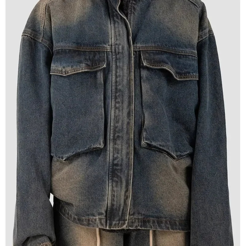 Casual Loose Cargo Denim Jacket Man Woman Hip Hop Retro Wash Cowboy Jackets Spring Autumn Big Pocket Zipper Varsity Outwear 240712