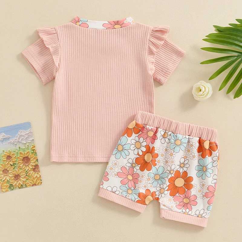Clothing Sets 2024-03-25 Lioraitiin 0-3Y Summer Baby Girls 2PCS Clothes Sets Pink Short Sleeve Crewneck Ruffle Tops Floral Shorts Sets