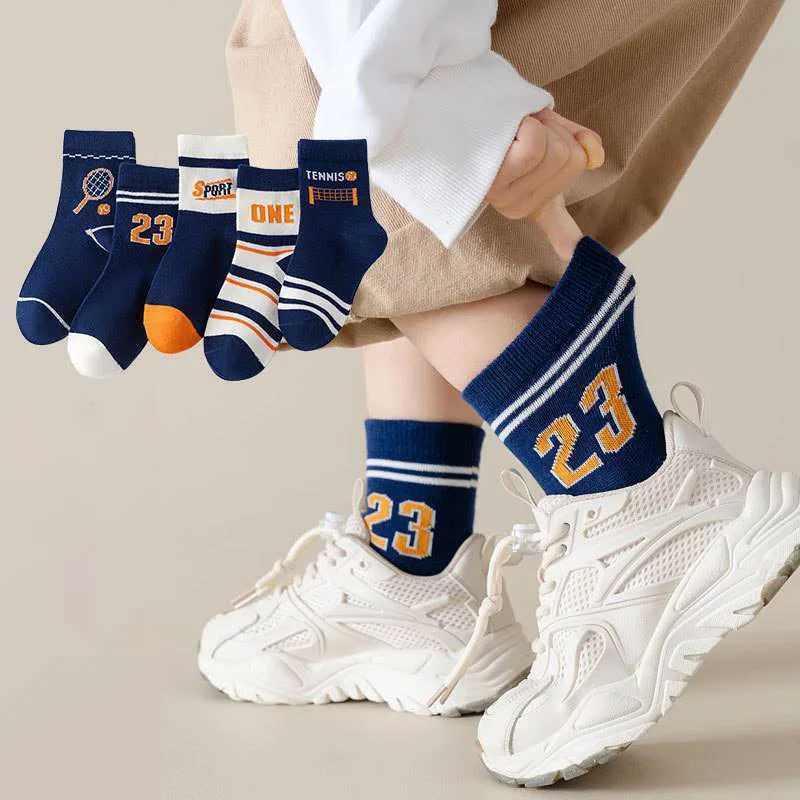 5 pairs of childrens boys tennis series childrens sports school student sports socks spring autumn soft cotton childrens middle tube socksW240715