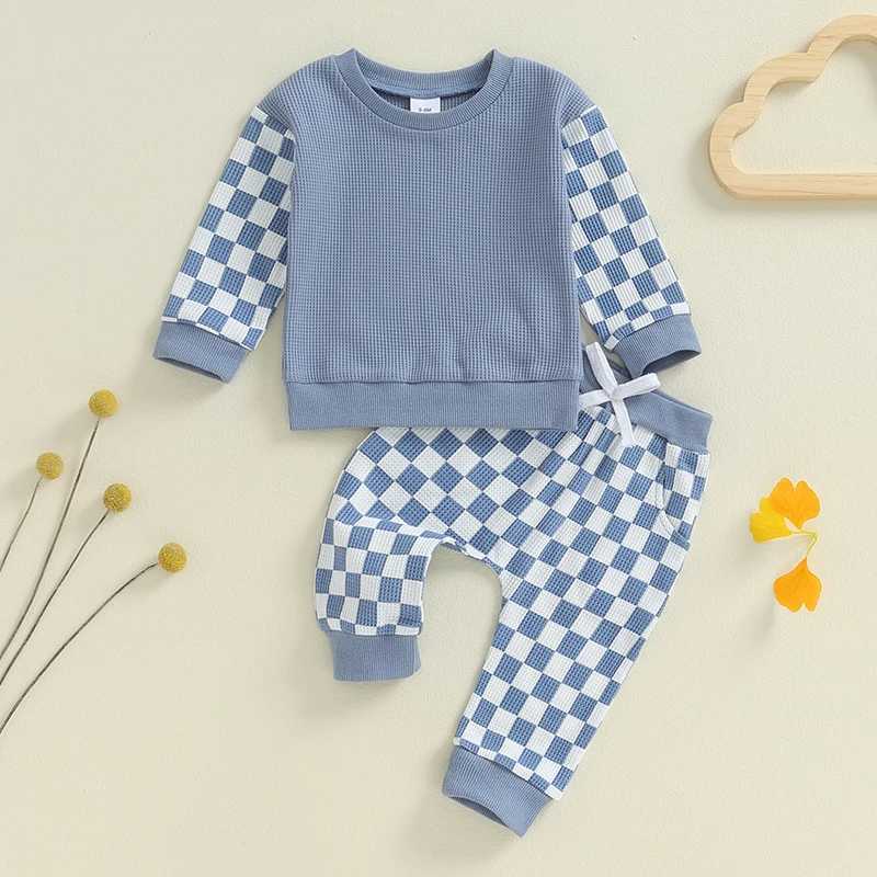 Clothing Sets Baby Boy Waffle Clothes Toddler Outfit Checkerboard Long Sleeve Sweatshirt Elastic Waist Pants with Pockets 2 Piece Set for Fall 0TLA