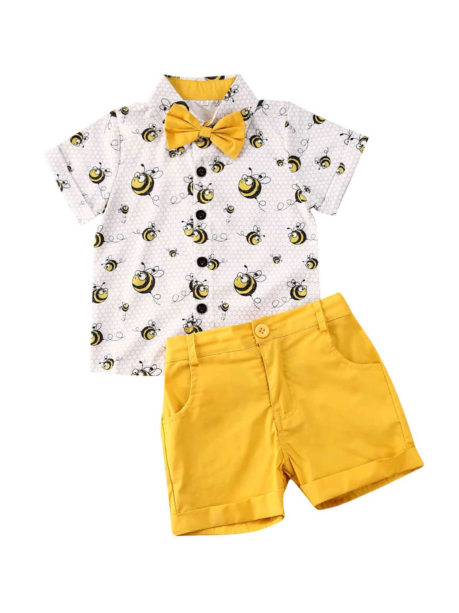 Clothing Sets Lioraitiin 0-6Years Baby Boys Summer Clothes Set Short Sleeve Lapel Bee Print Tie Button Shirt Solid Color Shorts