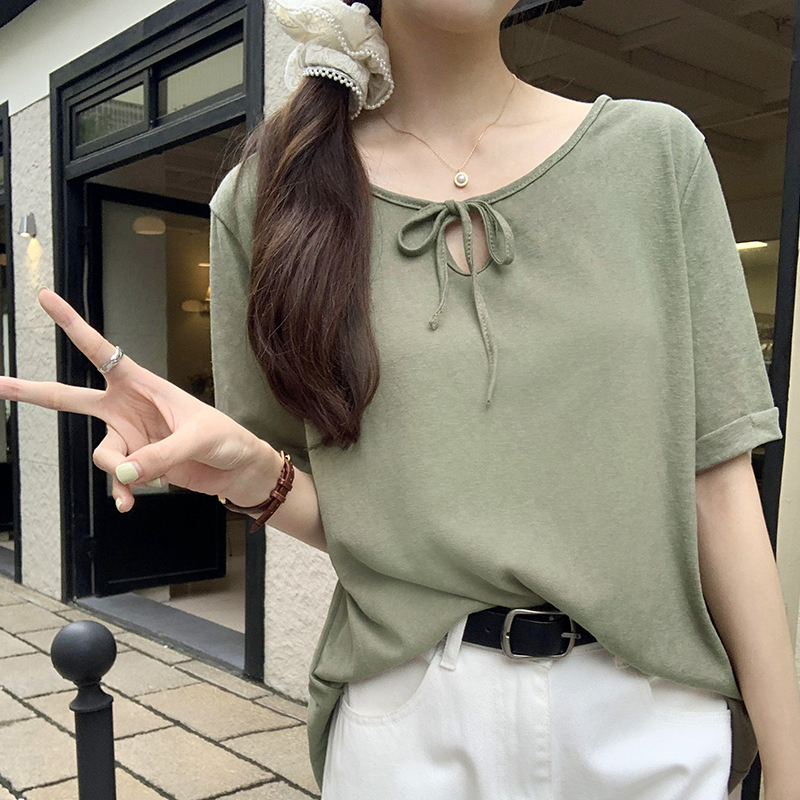 Snowflake cotton linen loose tie short sleeved T-shirt for women's summer 2024 new lazy and relaxed top
