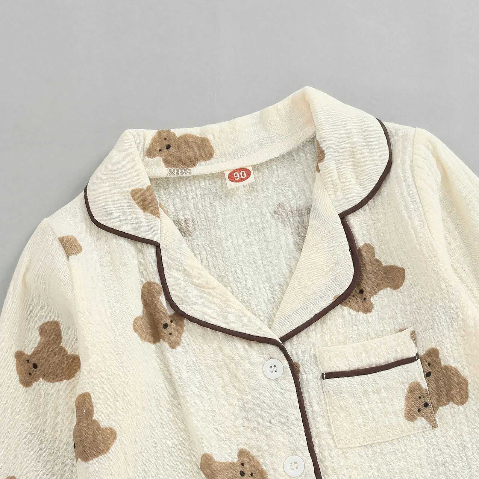 Clothing Sets 2022-07-06 Lioraitiin 0-6Years Kids Unisex Casual Pajama Suit Bear Printed Long Sleeve Front Pocket Lapel Tops Printed Long Pant