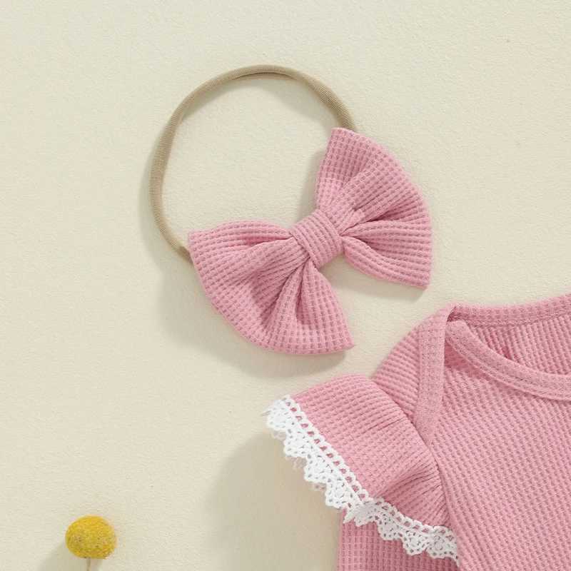 Clothing Sets 2024-05-29 Lioraitiin 0-3Y Toddler Girls Waffle Set Lace Trim Long Sleeve Ruffled Tops Elastic Waist Long Pants Hairband Outfits