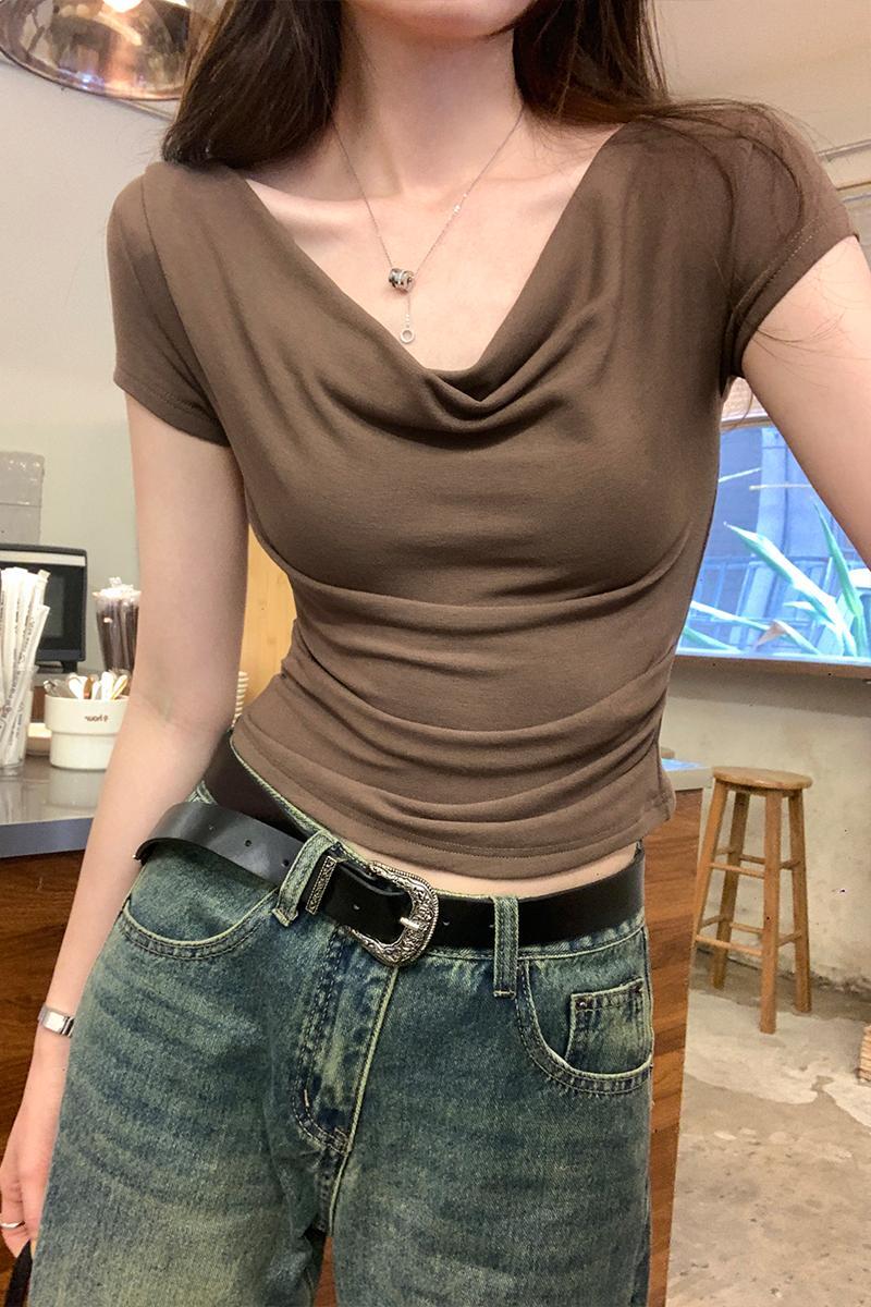 Image design: Swinging collar, slim fit, slimming and elastic sleeved T-shirt for women's summer 2024 new spicy girl short top