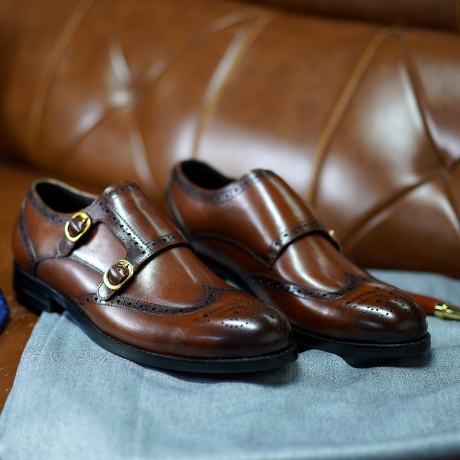 Classic Men Genuine Leather Dress Brogue Double Monk Strap Metal Buckle Business Office Wedding Formal Shoes