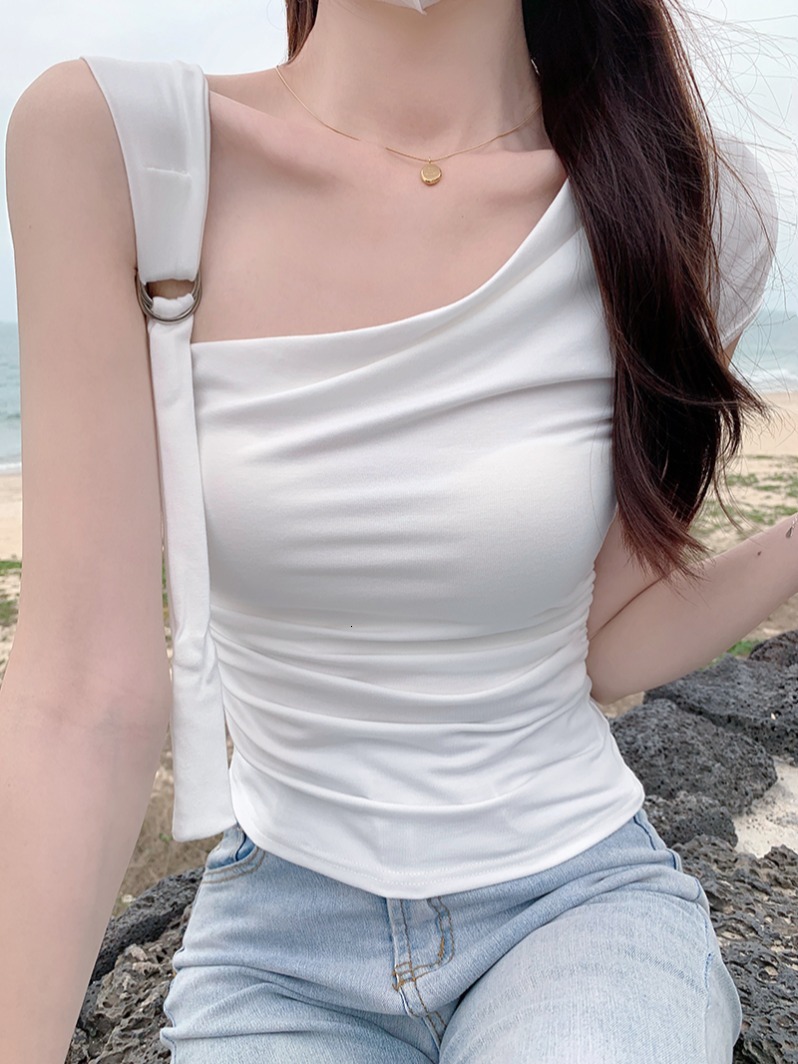 Summer Korean version spicy girl with slanted collar, off shoulder, collarbone exposed, solid color slim fit short sleeved T-shirt top for women