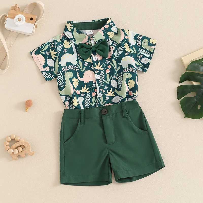 Clothing Sets 2024-04-03 Lioraitiin 6M-4Y Toddler Boy Gentleman Outfit Dinosaur Print Short Sleeves Button Shirt with Bow Tie and Shorts Set