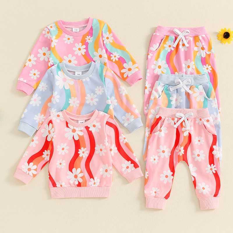 Clothing Sets 2024-05-17 Lioraitiin Toddler Girls Fall Outfits Striped Daisy Print Long Sleeve Sweatshirt and Elastic Pants Baby Cute Clothes