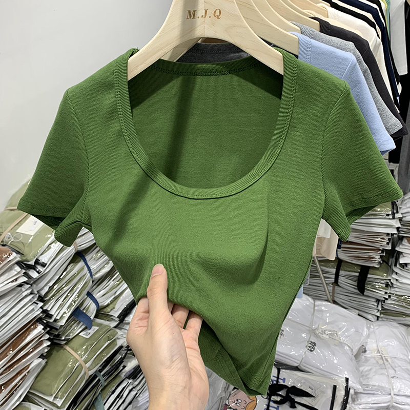 Pure desire spicy girl sexy U-neck collarbone exposed navel chic top tight elastic short sleeved T-shirt for women summer